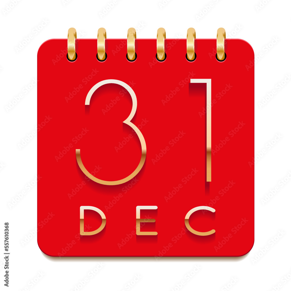 31 day of the month. December. Luxury calendar daily icon. Date day week Sunday, Monday, Tuesday, Wednesday, Thursday, Friday, Saturday. Gold text. Red paper. Vector illustration. 31 day of the month. December. Luxury calendar daily icon. Date day week Sunday, Monday, Tuesday, Wednesday, Thursday, Friday, Saturday. Gold text. Red paper. Vector illustration.