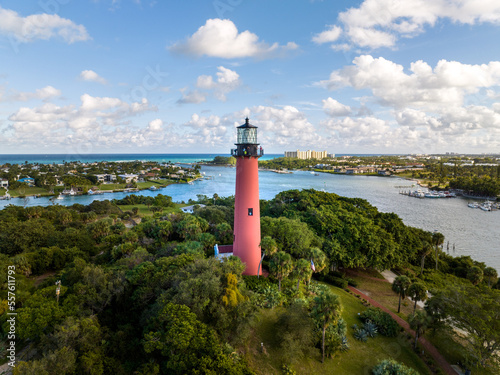 Aerial center view of Jupiter Inlet lighthouse, located on the Florida East Coast. December 2022