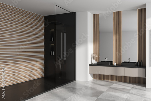 Stylish light bathroom interior with douche and washbasins, accessories