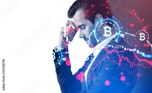 Pensive businessman and cryptocurrency financial data and bitcoin crisis. Copy space