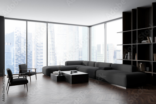 Grey living room interior with couch and decoration, panoramic window