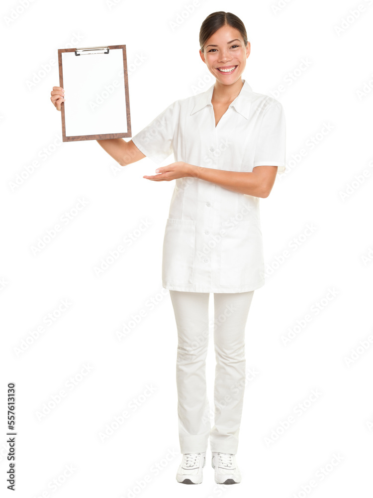 Nurse showing blank clipboard sign - a medical concept. Woman doctor / nurse smiling isolated cutout PNG on transparent background in full body. Mixed race Caucasian / Chinese Asian female model. Nurse showing blank clipboard sign - a medical concept. Woman doctor / nurse smiling isolated cutout PNG on transparent background in full body. Mixed race Caucasian / Chinese Asian female model.