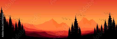 simple sunset mountain with pine tree silhouette flat design vector illustration good for web banner, ads banner, tourism banner, wallpaper, background template, and adventure design backdrop