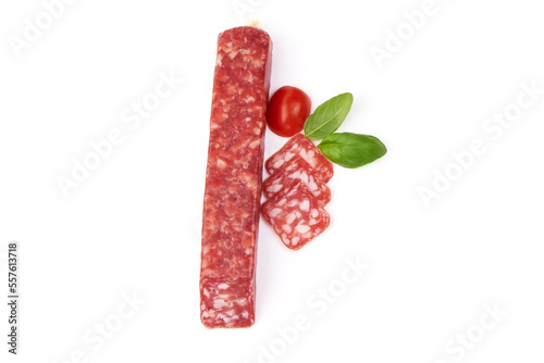 Italian sausage. Tasty dried sausage, close-up, isolated on white background.