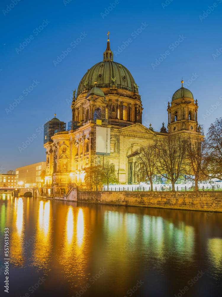 Berlin Cathedral and lights reflection on Spree canal at night