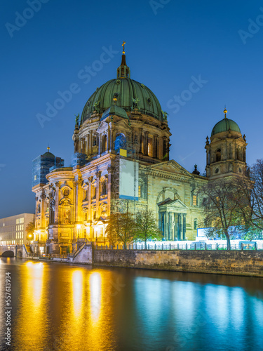 Berlin Cathedral and lights reflection on Spree canal at night