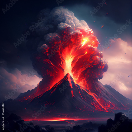 Active vulcano with lava and smoke  vulcano eruption landscape  generative ai