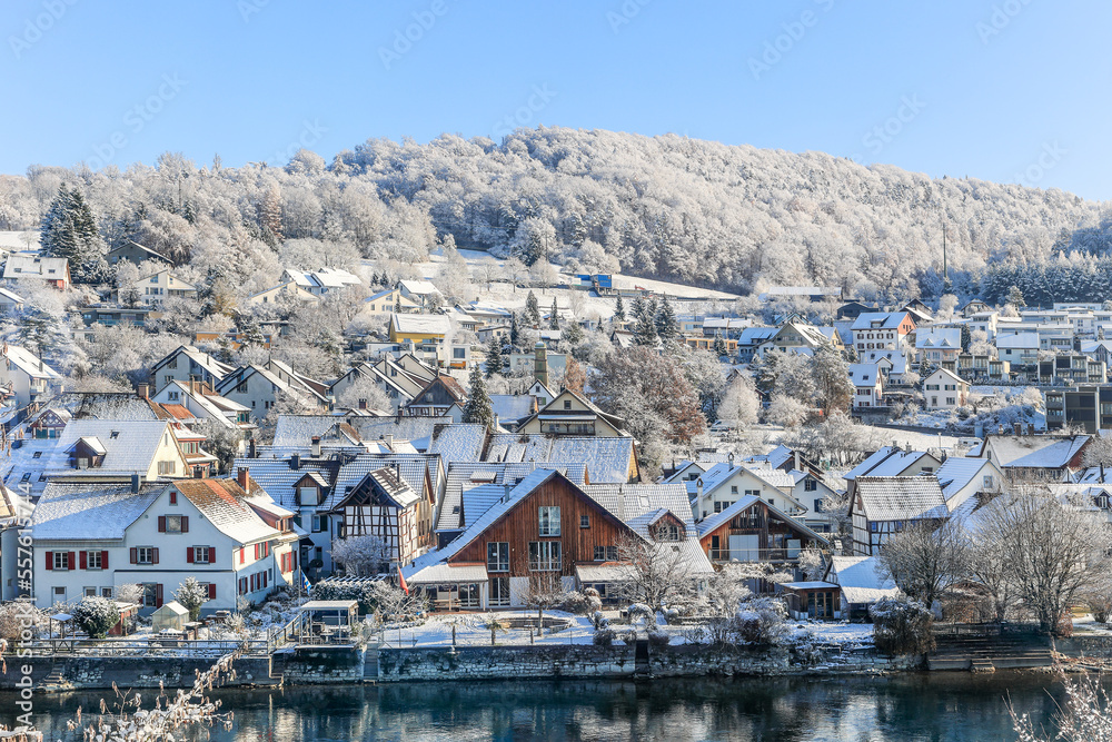 The village a the riverside in Alpen region with snow-covered forest at the background