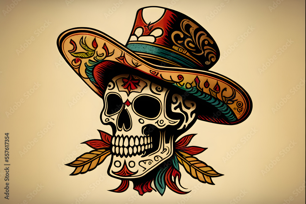 Mexican Skull in Sombrero Tattoo, Generative AI