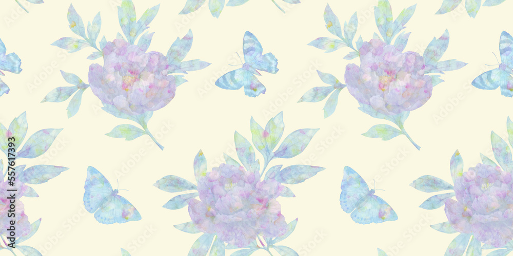 Seamless delicate pattern with flying butterflies, leaves and flowers, abstract floral watercolor background Seamless delicate pattern with flying butterflies, leaves and flowers, abstract floral watercolor background