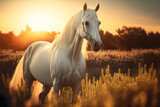Beautiful white stallion in a meadow. Generative AI.
