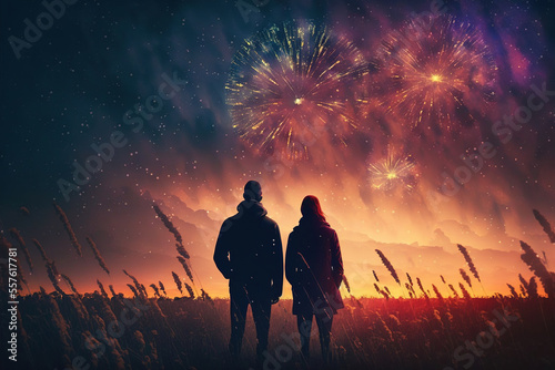 Man and woman watching an impressive fireworks. Generative AI. © Bargais