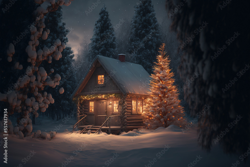 Small cabin and decorated Christmas tree at night. Generative AI.