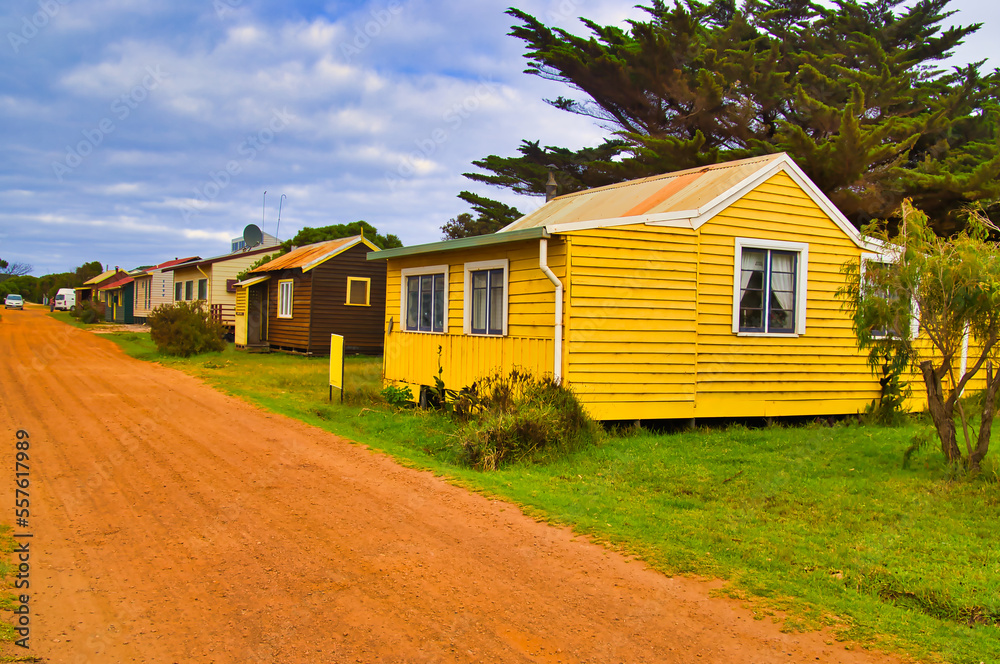Street scene with simple, colorful wooden houses in the village of Pemberton, Western Australia
