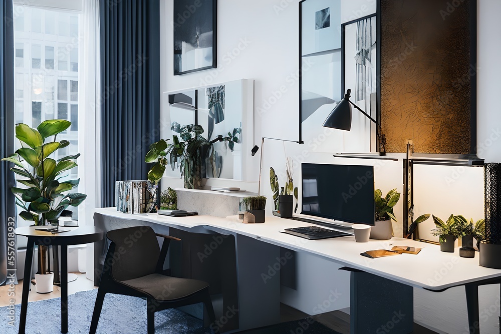 Cozy, Modern home office workplace with computer and desk, wooden floor, natural light, and rug with a big window view of the city Cozy, Modern home office workplace with computer and desk, wooden floor, natural light, and rug with a big window view of the city