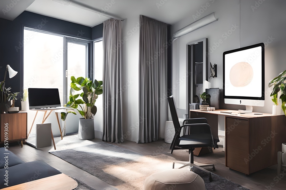 Cozy, Modern home office workplace with computer and desk, wooden floor, natural light, and rug with a big window view of the city
Cozy, Modern home office workplace with computer and desk, wooden floor, natural light, and rug with a big window view of the city