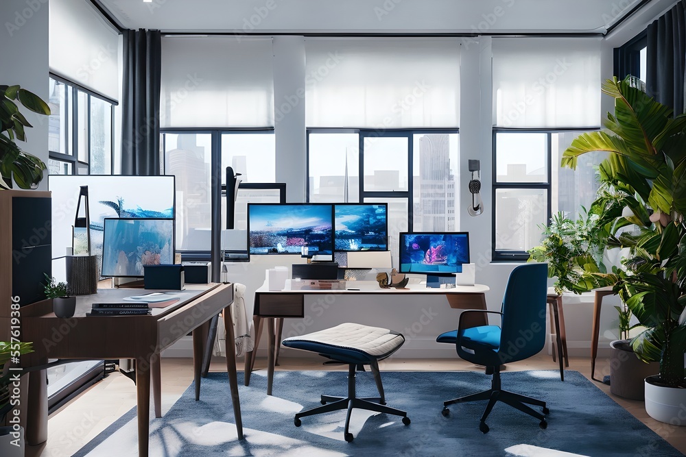 Cozy, Modern home office workplace with computer and desk, wooden floor, natural light, and rug with a big window view of the city
Cozy, Modern home office workplace with computer and desk, wooden floor, natural light, and rug with a big window view of the city