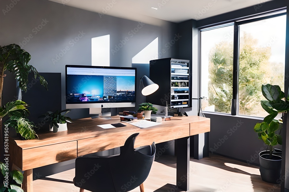 Cozy, Modern home office workplace with computer and desk, wooden floor, natural light, and rug with a big window view of the city
Cozy, Modern home office workplace with computer and desk, wooden floor, natural light, and rug with a big window view of the city
