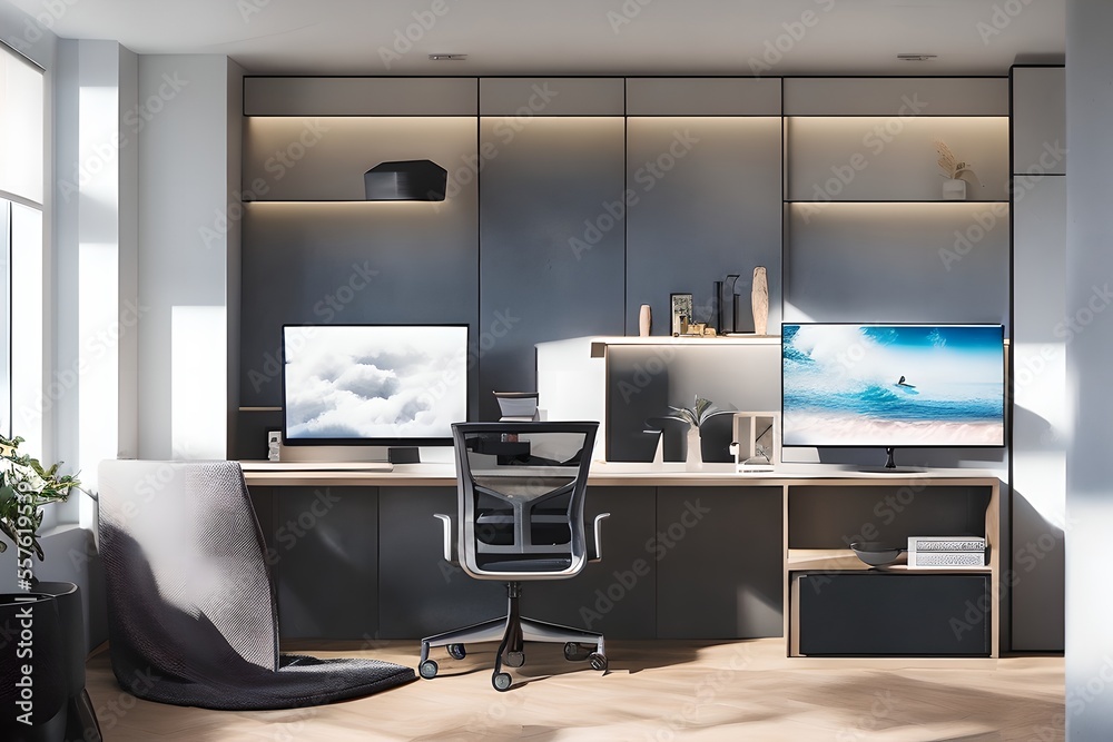 Cozy, Modern home office workplace with computer and desk, wooden floor, natural light, and rug with a big window view of the city
Cozy, Modern home office workplace with computer and desk, wooden floor, natural light, and rug with a big window view of the city