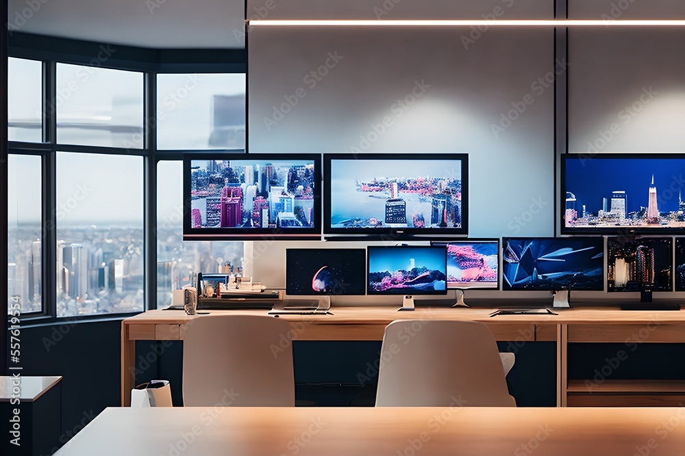 Cozy, Modern home office workplace with computer and desk, wooden floor, natural light, and rug with a big window view of the city Cozy, Modern home office workplace with computer and desk, wooden floor, natural light, and rug with a big window view of the city