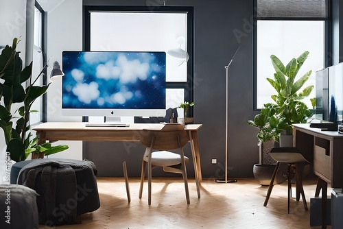 Cozy  Modern home office workplace with computer and desk  wooden floor  natural light  and rug with a big window view of the city 