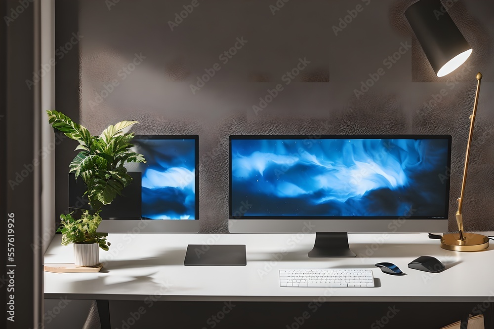 Fototapeta premium Cozy, Modern home office workplace with computer and desk, wooden floor, natural light, and rug with a big window view of the city