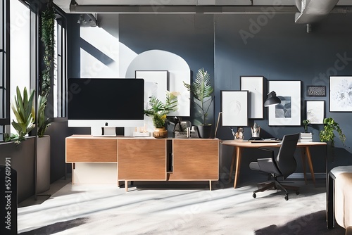 Cozy, Modern home office workplace with computer and desk, wooden floor, natural light, and rug with a big window view of the city