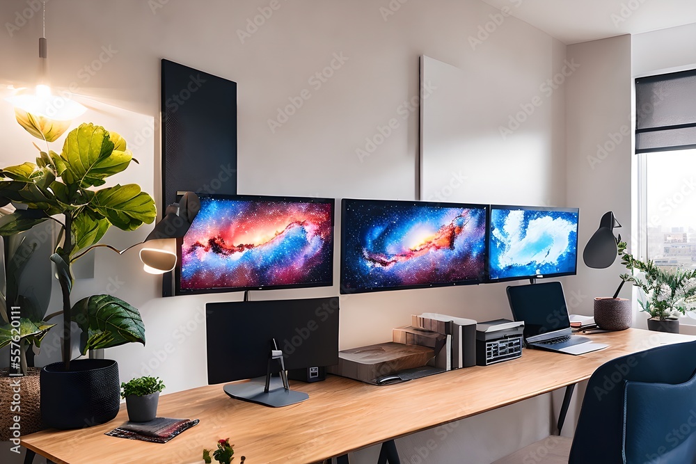 Cozy, Modern home office workplace with computer and desk, wooden floor, natural light, and rug with a big window view of the city Cozy, Modern home office workplace with computer and desk, wooden floor, natural light, and rug with a big window view of the city