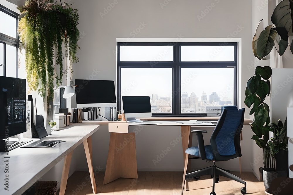 Cozy, Modern home office workplace with computer and desk, wooden floor, natural light, and rug with a big window view of the city Cozy, Modern home office workplace with computer and desk, wooden floor, natural light, and rug with a big window view of the city