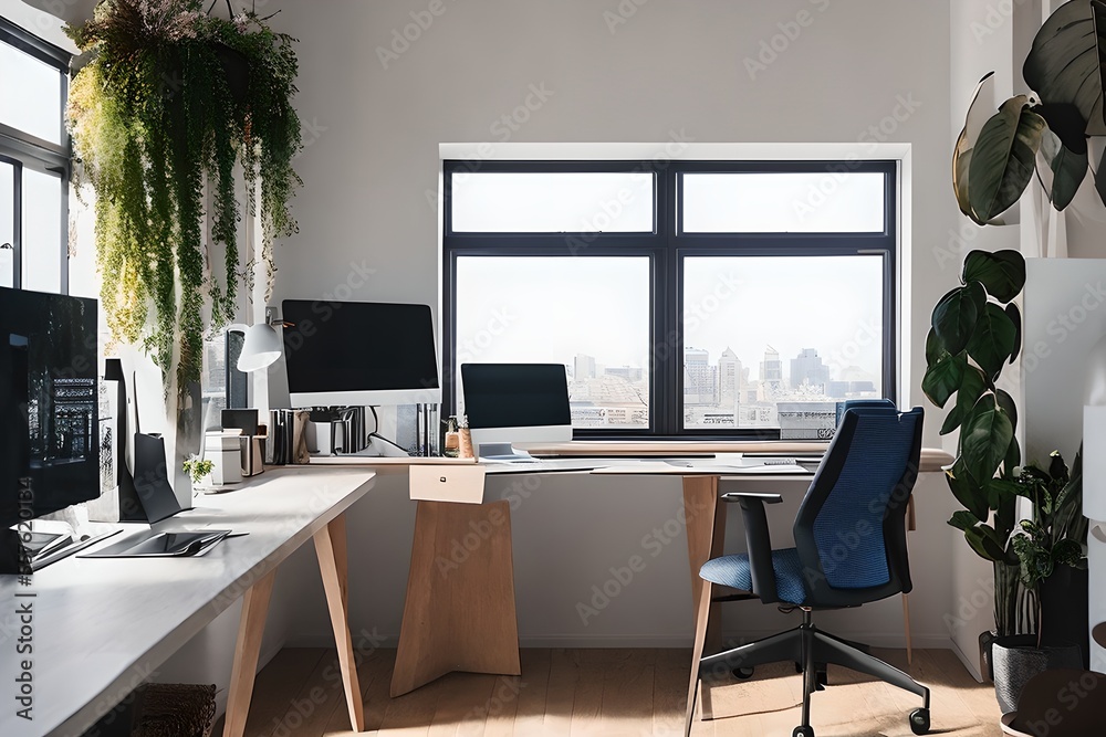 Cozy, Modern home office workplace with computer and desk, wooden floor, natural light, and rug with a big window view of the city