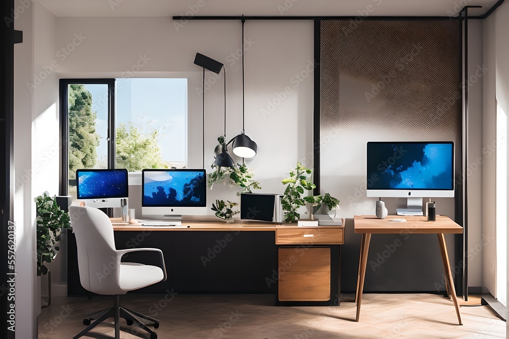 Cozy, Modern home office workplace with computer and desk, wooden floor, natural light, and rug with a big window view of the city Cozy, Modern home office workplace with computer and desk, wooden floor, natural light, and rug with a big window view of the city