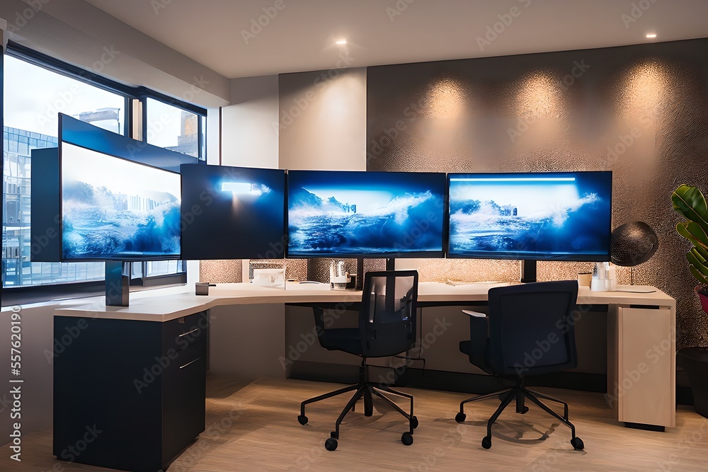 Cozy, Modern home office workplace with computer and desk, wooden floor, natural light, and rug with a big window view of the city Cozy, Modern home office workplace with computer and desk, wooden floor, natural light, and rug with a big window view of the city