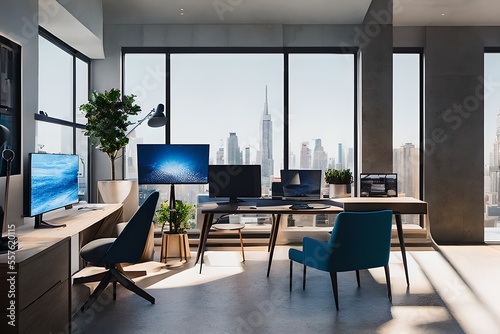 Cozy, Modern home office workplace with computer and desk, wooden floor, natural light, and rug with a big window view of the city © G-IMAGES