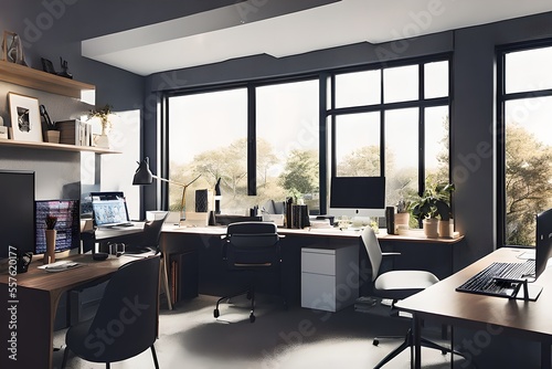 Cozy  Modern home office workplace with computer and desk  wooden floor  natural light  and rug with a big window view of the city