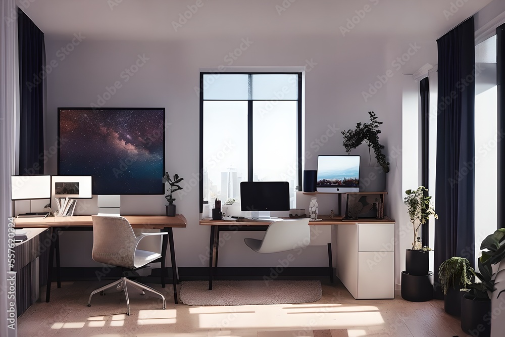 Cozy, Modern home office workplace with computer and desk, wooden floor, natural light, and rug with a big window view of the city