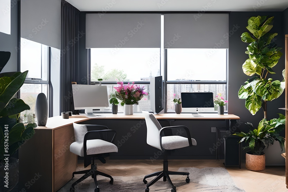 Cozy, Modern home office workplace with computer and desk, wooden floor, natural light, and rug with a big window view of the city Cozy, Modern home office workplace with computer and desk, wooden floor, natural light, and rug with a big window view of the city