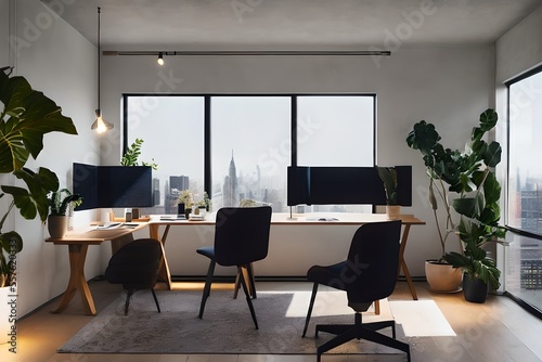Wallpaper Mural Cozy, Modern home office workplace with computer and desk, wooden floor, natural light, and rug with a big window view of the city Torontodigital.ca