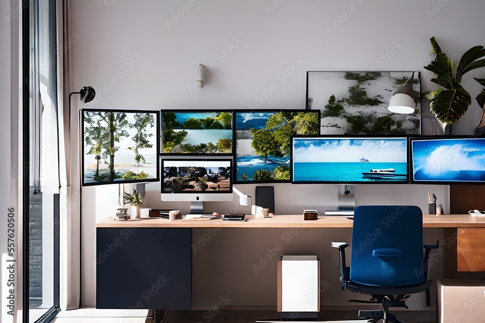 Cozy, Modern home office workplace with computer and desk, wooden floor, natural light, and rug with a big window view of the city Cozy, Modern home office workplace with computer and desk, wooden floor, natural light, and rug with a big window view of the city