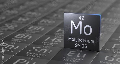 Molybdenum element periodic table, metal mining 3d illustration
