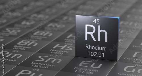 Rhodium element periodic table, metal mining 3d illustration