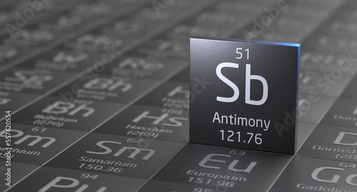 Antimony element periodic table, metal mining 3d illustration