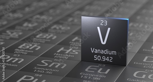 Vanadium element periodic table, metal mining 3d illustration