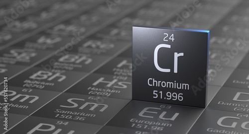 Chromium element periodic table, metal mining 3d illustration