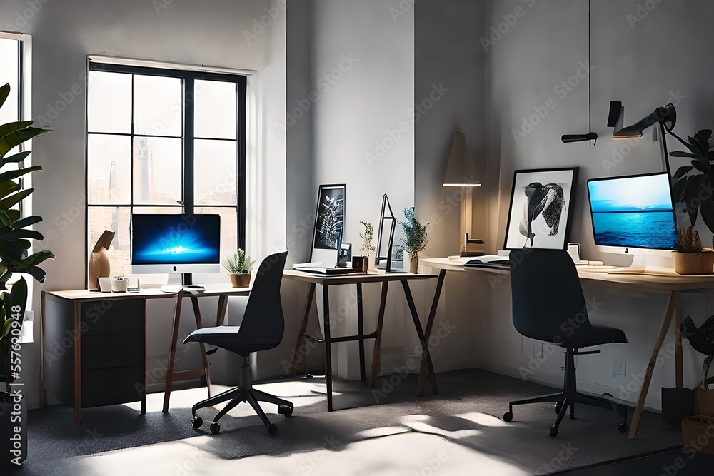 Cozy, Modern home office workplace with computer and desk, wooden floor, natural light, and rug with a big window view of the city Cozy, Modern home office workplace with computer and desk, wooden floor, natural light, and rug with a big window view of the city