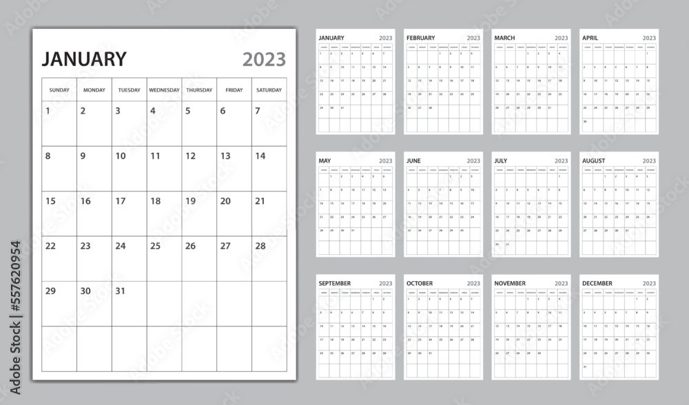 Monthly calendar template for 2023 year, planner 2023 template, Week Starts on sunday, wall calendar 2023 year, planner minimal design, Set of 12 Months, organizer stationery, vertical calendar vector Monthly calendar template for 2023 year, planner 2023 template, Week Starts on sunday, wall calendar 2023 year, planner minimal design, Set of 12 Months, organizer stationery, vertical calendar vector