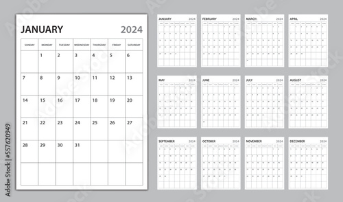 Monthly calendar template for 2024 year, planner 2024 template, Week Starts on sunday, wall calendar 2024 year, planner minimal design, Set of 12 Months, organizer stationery, vertical calendar vector