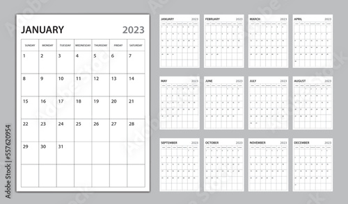 Monthly calendar template for 2023 year, planner 2023 template, Week Starts on sunday, wall calendar 2023 year, planner minimal design, Set of 12 Months, organizer stationery, vertical calendar vector