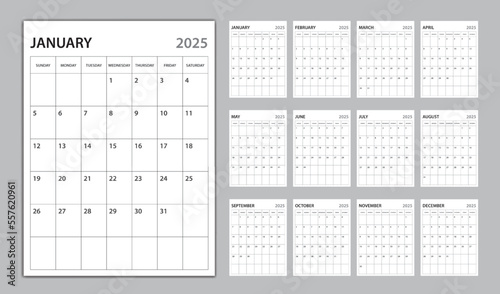 Monthly calendar template for 2025 year, planner 2025 template, Week Starts on sunday, wall calendar 2025 year, planner minimal design, Set of 12 Months, organizer stationery, vertical calendar vector