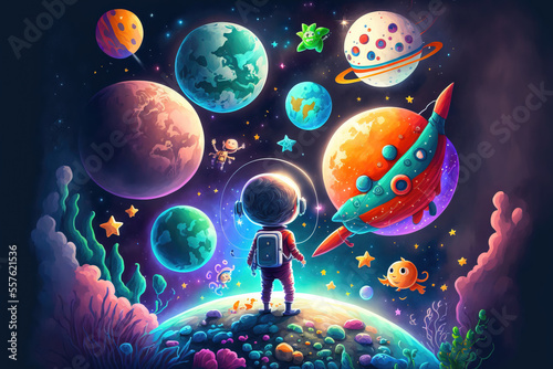 Cartoon kid space explorer. sketch art for artist creativity and inspiration. generative AI