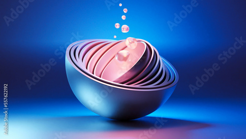 Spherical objects with rising drops of water. 3D render